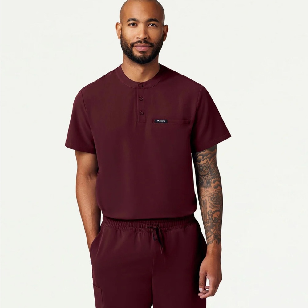 Jaanuu Reeve Henley Burgundy Short Sleeve 3 button Scrub Top Size 2XL
